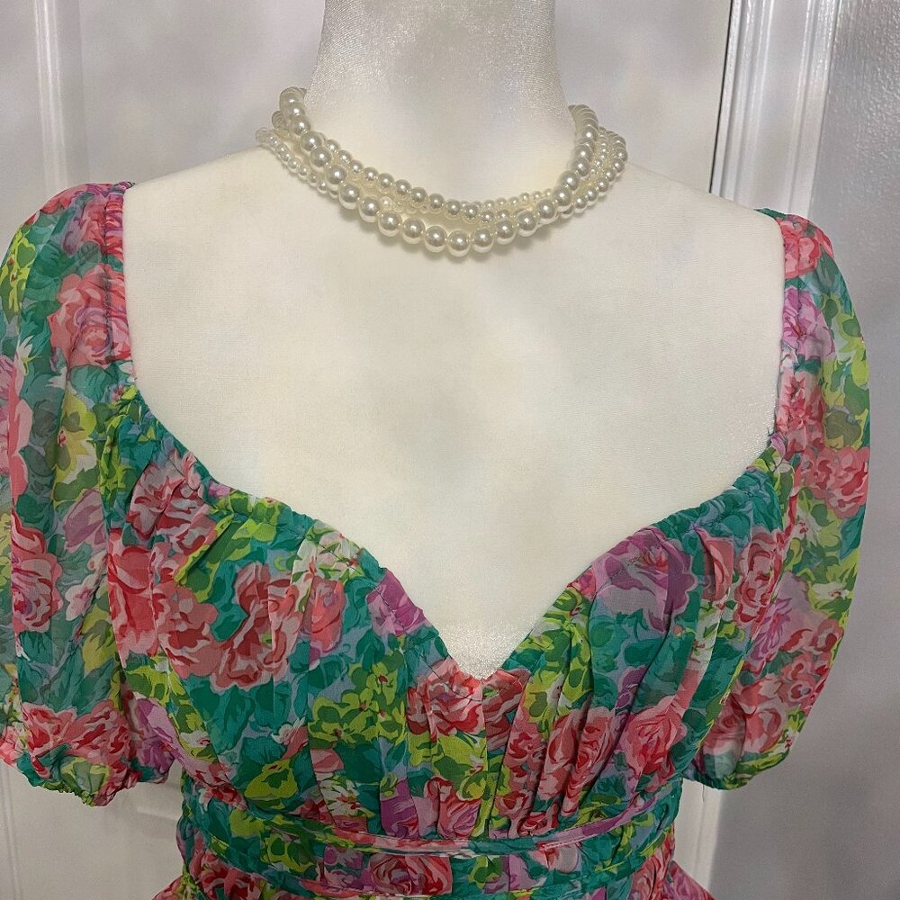 Anthropologie Green & Pink Floral Sweetheart Puff-Sleeve Top